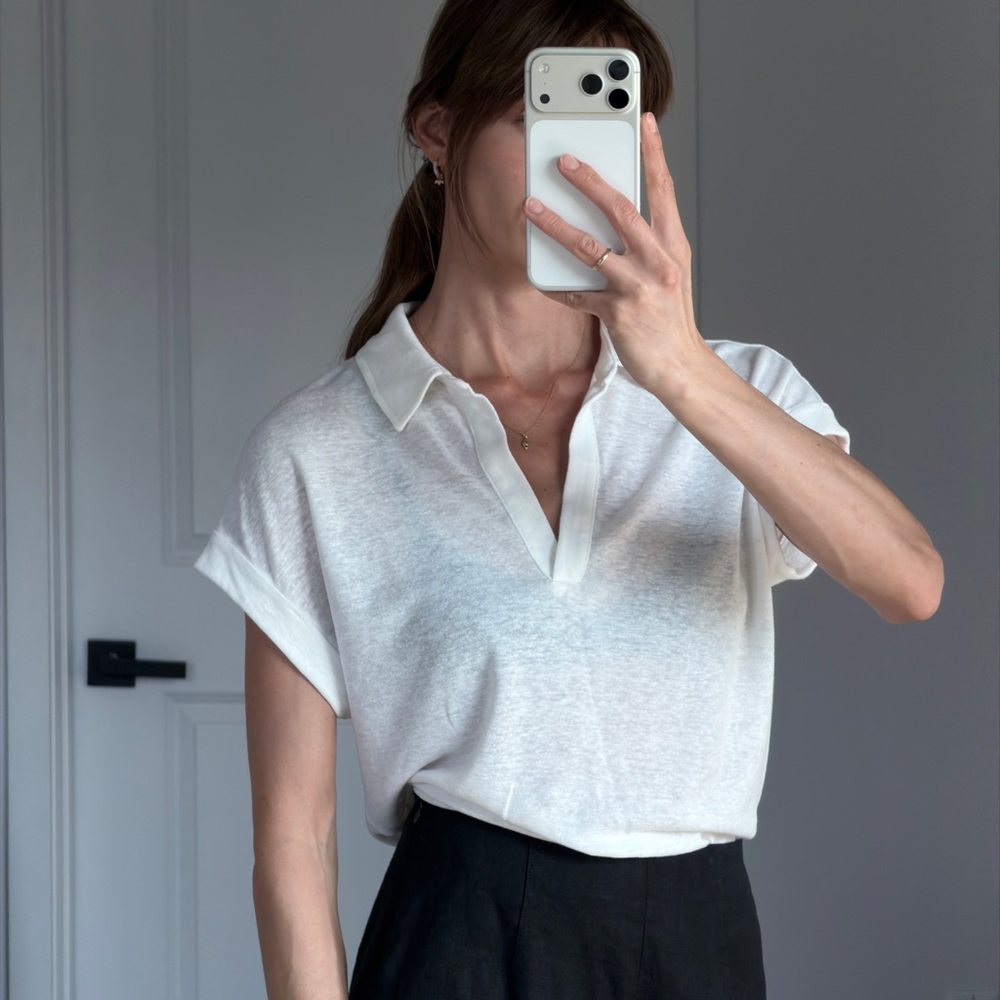 Banana Republic White Linen Blend Polo-Style Tee